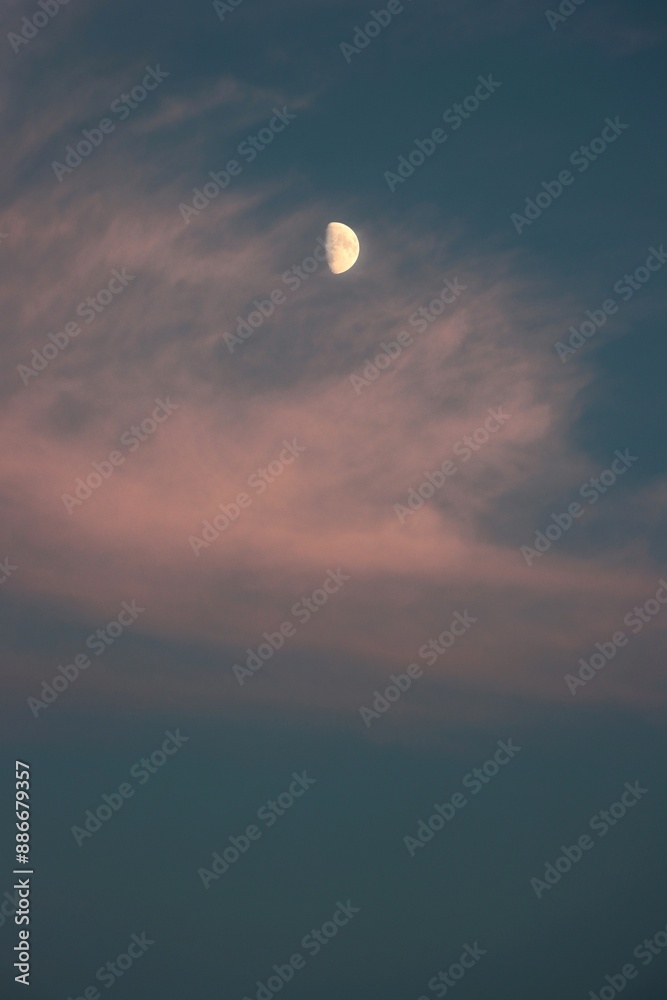 blue evening sky pink clouds and moon blue evening sky pink clouds and moon
