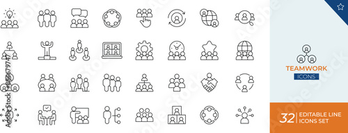 Teamwork Line Icons stock illustration" typically refers to a set of graphical representations in the form of icons, focusing on themes related to teamwork.