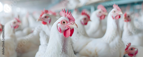 Close up chickens in a closed chicken house arranged in long row, chicken production industry concept, Increased consumption and demand for chicken meat
