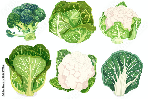 Set of cabbage, salad, broccoli and cauliflower in different types isolated on white. Vector illustration