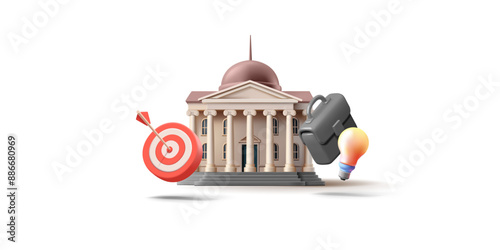 Building with columns, target, light bulb, briefcase, 3D. For concepts of business, idea, finance, public places. Vector illustration.