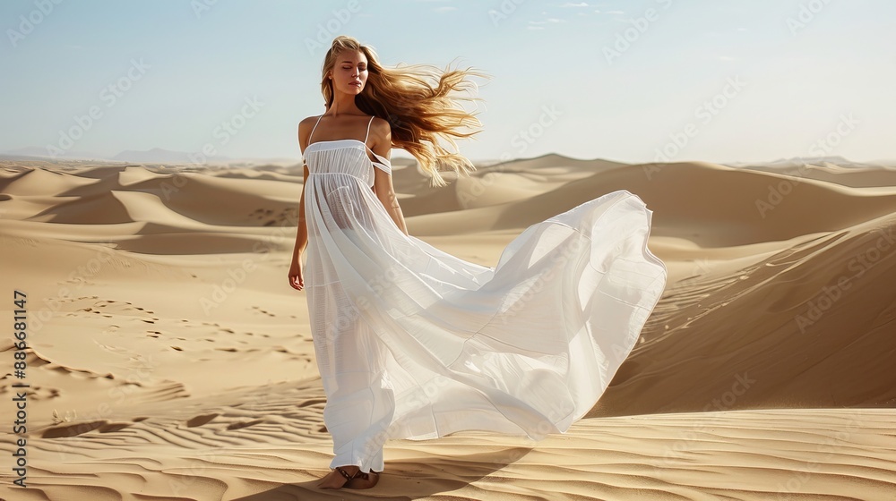 A fashion model striking poses in the midst of a desert, draped in white linen garments, the golden sands contrasting with the pristine white attire A fashion model striking poses in the midst of a desert, draped in white linen garments, the golden sands contrasting with the pristine white attire