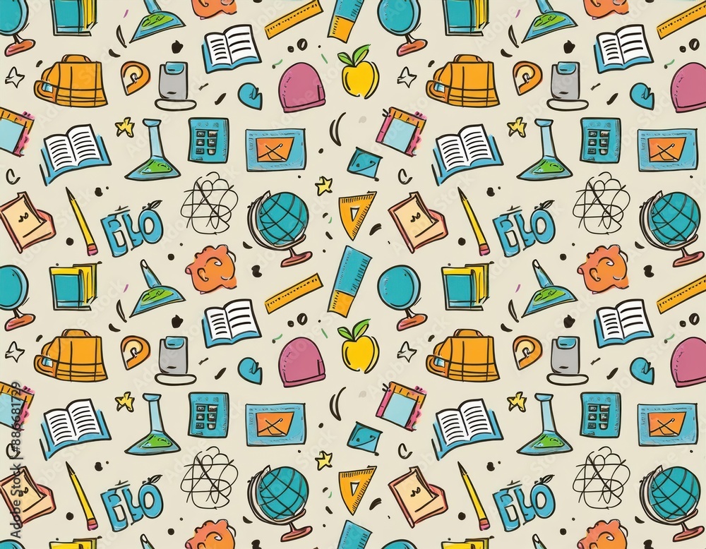 Pattern with hand-drawn school doodles on a light beige background