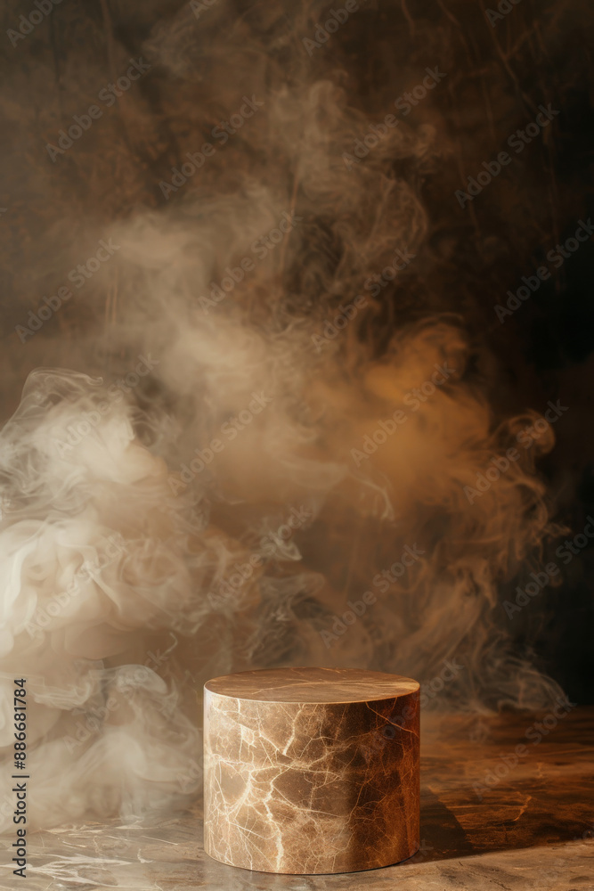 Empty brown marble table podium in room with earthy smoke, creating a warm, grounded atmosphere