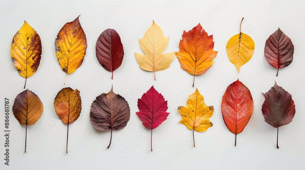 Obraz premium Colorful autumn leaves arranged on white background top view photo