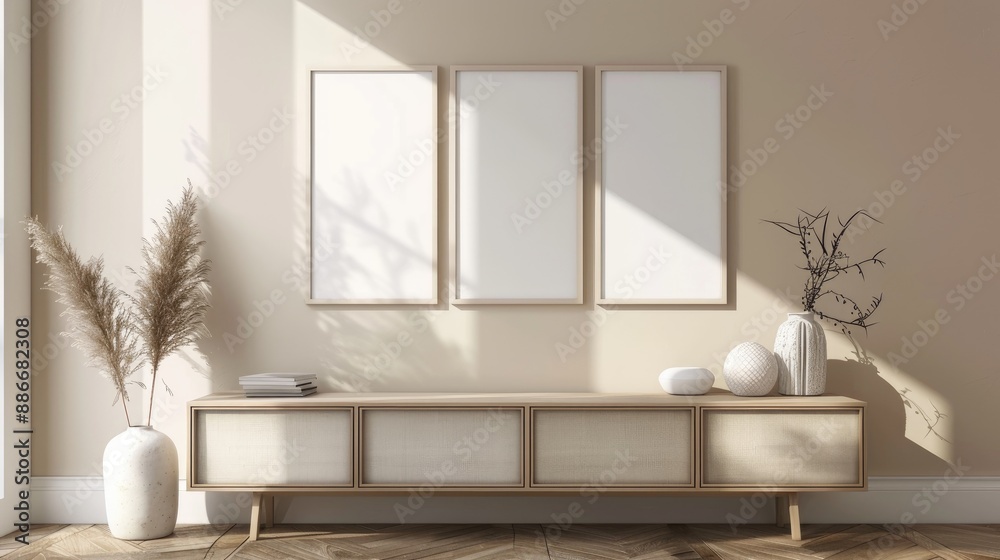Contemporary drawer set with decorations and empty frames by beige wall in a room Contemporary drawer set with decorations and empty frames by beige wall in a room