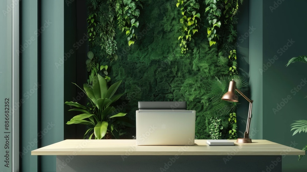 Contemporary office setting near green wall with laptop