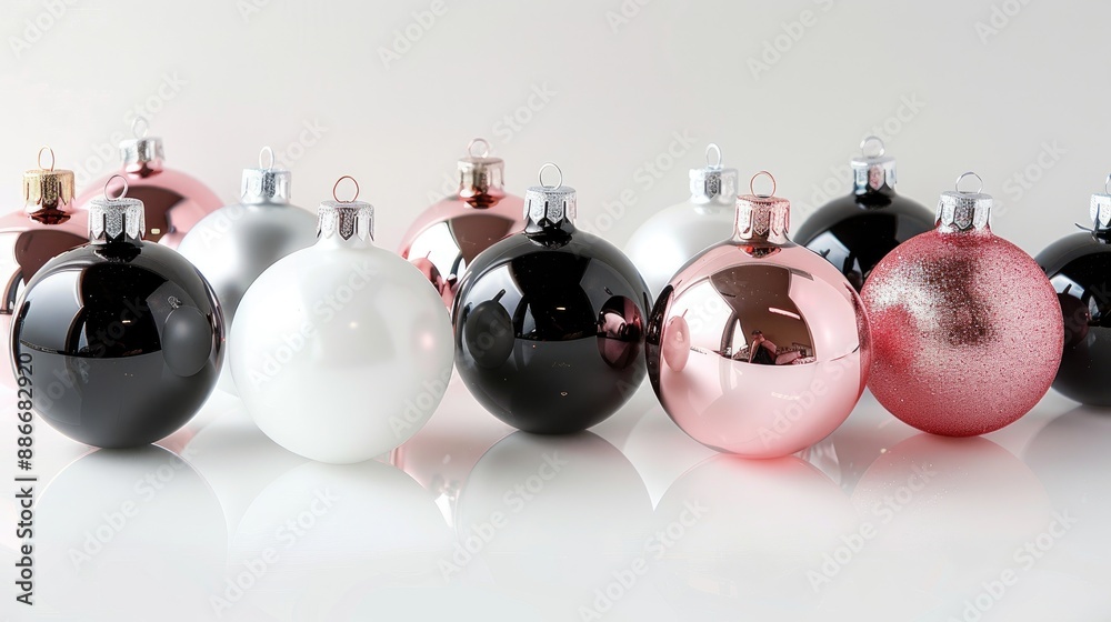 Decorative Christmas Tree Ornaments in Black White and Pink Colors on White Background Decorative Christmas Tree Ornaments in Black White and Pink Colors on White Background