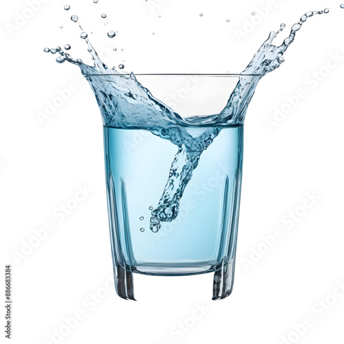 Water splash in glass. Glass with splashing blue drink isolated on transparent background