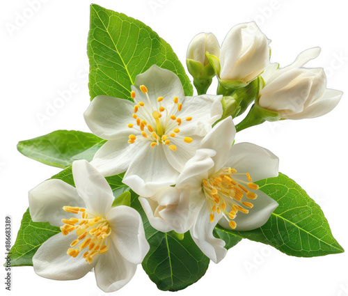 bunch of white flowers with green leaves on a white background