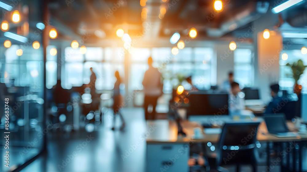 Business open modern office daytime daylight with blurred people in smart casual wear having a meeting. Working culture chill happy enjoy workplace work life balance plant women men employee