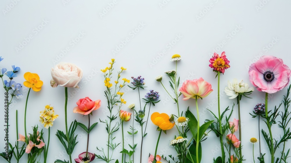 Flowers of spring set against a white backdrop Flowers of spring set against a white backdrop