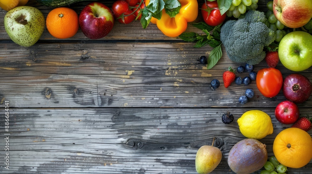 Fresh fruits and vegetables on a wooden backdrop Fresh fruits and vegetables on a wooden backdrop