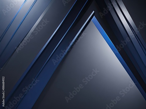 Sharp edges, a dark blue gradient, abstract background with black lines and geometric patterns, a modern minimalist design, and light reflection on the metal strips' surface