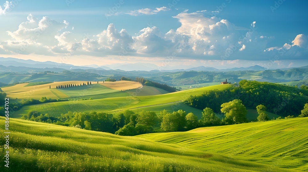 Obraz premium Serene Countryside Landscape with Sustainable Organic Farmlands and Natural Habitats
