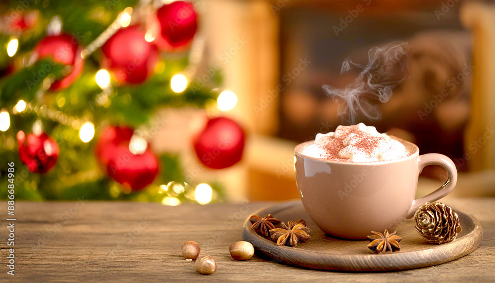 Heisse Schokolade Kakao, im Hintergrund Weihnachtsbaum und Kaminfeuer Heisse Schokolade Kakao, im Hintergrund Weihnachtsbaum und Kaminfeuer