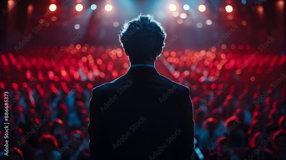 Empowered Business Leader Delivers Dynamic Presentation to Engaged Audience on Stage Empowered Business Leader Delivers Dynamic Presentation to Engaged Audience on Stage