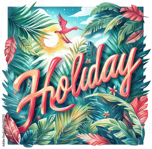 holiday card with tropical leaves and birds