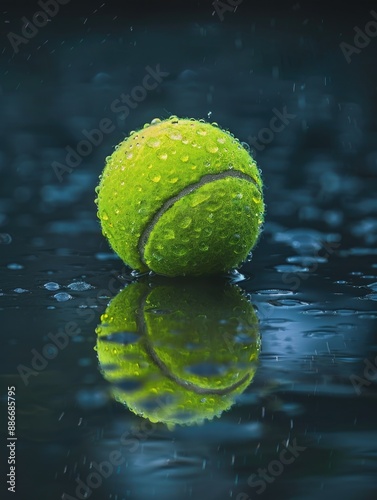 A lone tennis ball perched on the edge of a small water puddle, with ripples and reflections