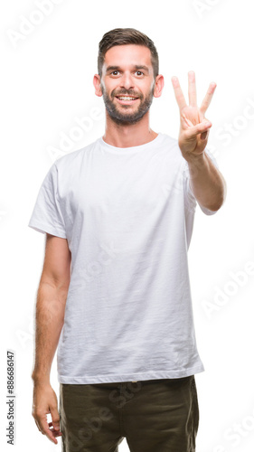 Young handsome man over isolated background showing and pointing up with fingers number three while smiling confident and happy.