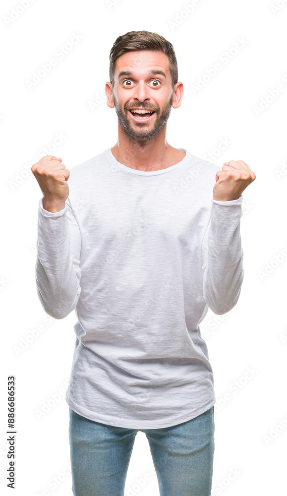 Young handsome man over isolated background celebrating surprised and amazed for success with arms raised and open eyes. Winner concept. Young handsome man over isolated background celebrating surprised and amazed for success with arms raised and open eyes. Winner concept.