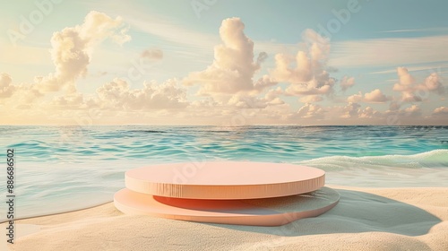 A serene summer scene with sand and tropical sea, featuring an abstract stone podium for showcasing moments or objects 