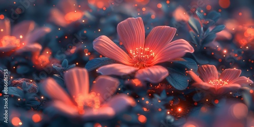 imagine ethereal daisy flower garden field blossoming in night time with light glow, fantasy landscape painting style illustration
