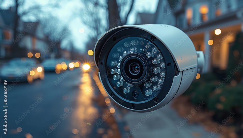 Security Camera Monitoring Suburban Street. Close-up of a white security camera monitoring a suburban street, with blurred cars and houses in the background.