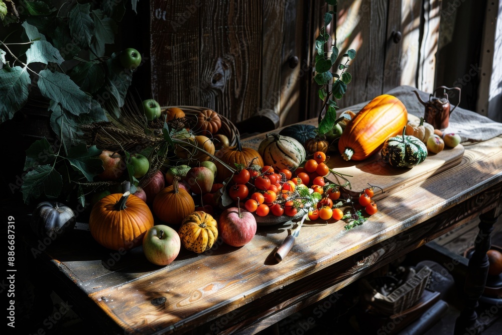 Rustic wooden table with a vibrant spread of autumn harvest, including pumpkins, apples, and gourds, bathed in warm directional light Rustic wooden table with a vibrant spread of autumn harvest, including pumpkins, apples, and gourds, bathed in warm directional light