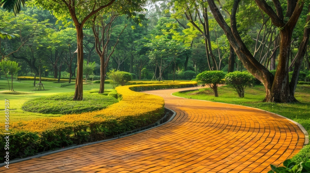 Circular golden brick pathway in a beautiful park, great for sophisticated and tranquil designs Circular golden brick pathway in a beautiful park, great for sophisticated and tranquil designs