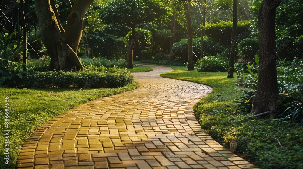 Circular golden brick pathway in a lush garden park, ideal for sophisticated and peaceful themes Circular golden brick pathway in a lush garden park, ideal for sophisticated and peaceful themes