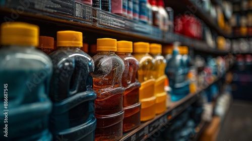 Close-up of Colorful Car Cleaning Bottles. Close-up view of colorful car cleaning bottles neatly arranged on shelves, ready for use in automotive care and maintenance.