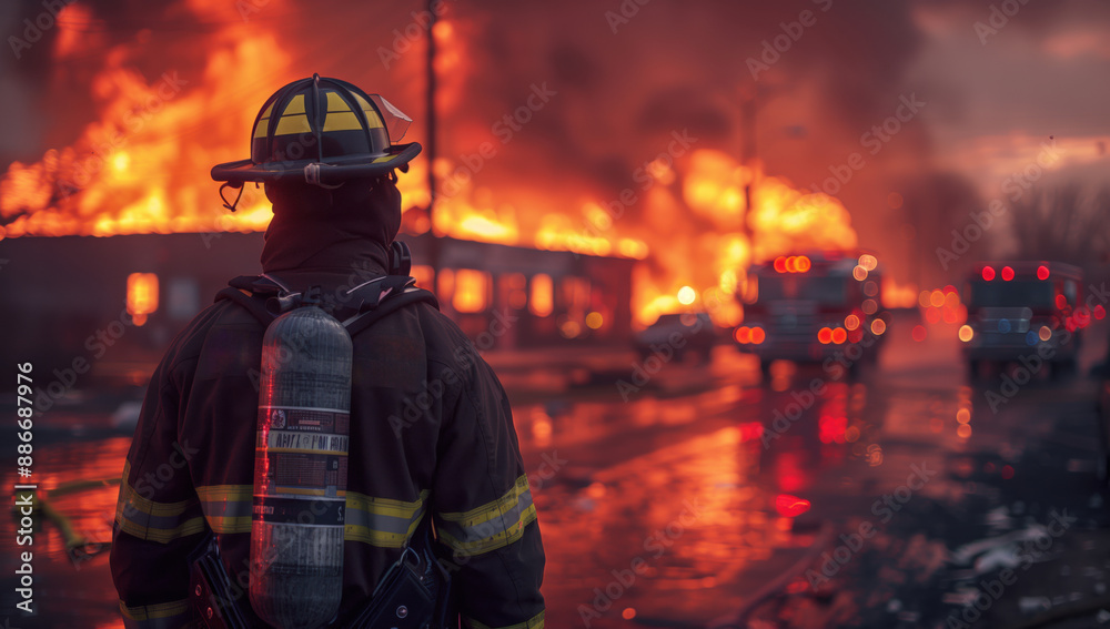 Firefighter Facing Burning Building. Firefighter stands in front of a burning building, ready to combat the flames and ensure safety. Firefighter Facing Burning Building. Firefighter stands in front of a burning building, ready to combat the flames and ensure safety.