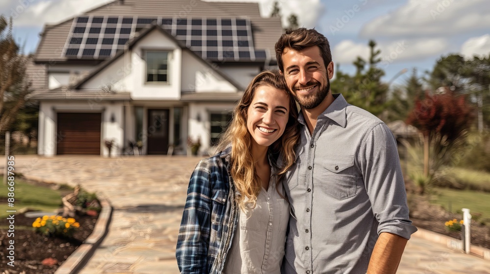 a happy rich couple standing in front of thee new solar powered house and standing with each other in broad day light, wearing simple casual clothing a happy rich couple standing in front of thee new solar powered house and standing with each other in broad day light, wearing simple casual clothing