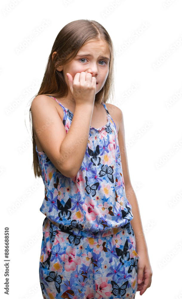 Young beautiful girl wearing colorful dress over isolated background looking stressed and nervous with hands on mouth biting nails. Anxiety problem. Young beautiful girl wearing colorful dress over isolated background looking stressed and nervous with hands on mouth biting nails. Anxiety problem.