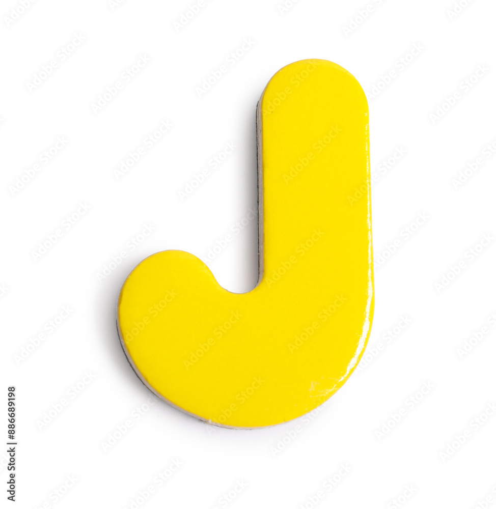 Yellow magnetic letter J isolated on white, top view. Alphabet Yellow magnetic letter J isolated on white, top view. Alphabet
