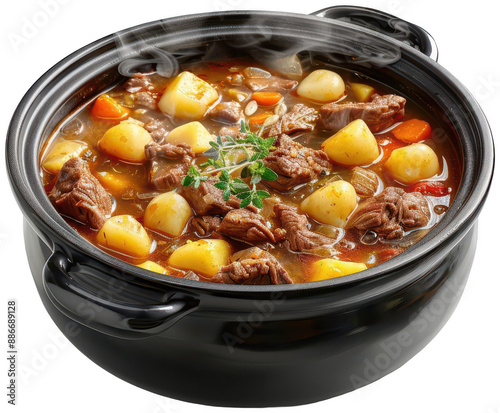 pot of stew with meat and potatoes on a white background photo