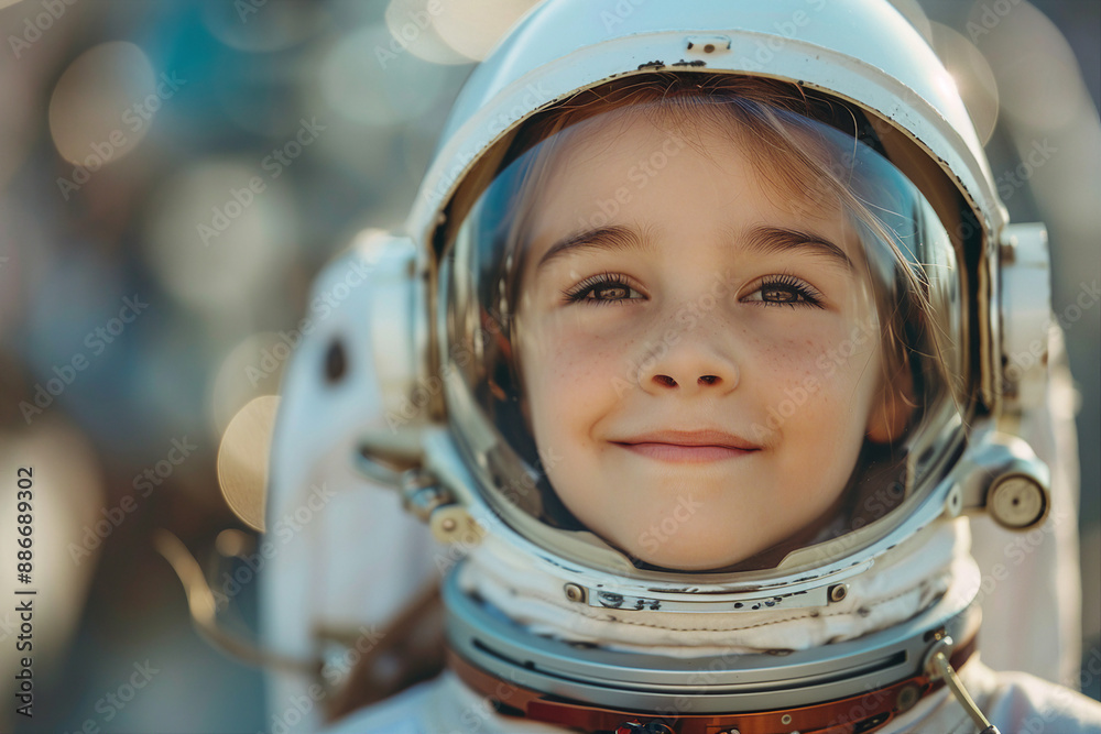 AI generated photo of cute pretty child wear cosmonaut costume AI generated photo of cute pretty child wear cosmonaut costume