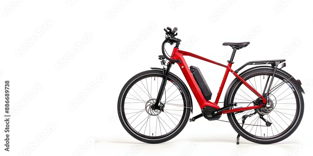 Naklejka premium Red mid-drive electric bike against a white background ideal for city touring or trekking. Concept Electric Bikes, Mid-Drive Motor, City Touring, Trekking, Red Bicycle