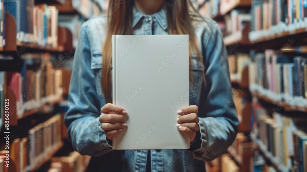 person holding a book with blank cover in a bookstore or library person holding a book with blank cover in a bookstore or library