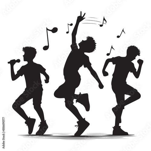 Dynamic Silhouette of Boys Dancing and Singing - Music and Dance 
Vector Illustration.