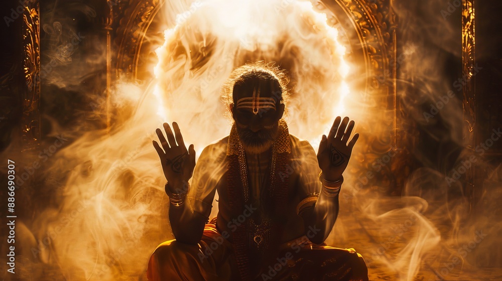 © AounMuhammad - an old indian hindu sadhu pandit siting in front of super religious portal where smoke is glowing, giving blessing gesture with both hands up, face paint garland neck garland steel bracelet and henna © AounMuhammad - an old indian hindu sadhu pandit siting in front of super religious portal where smoke is glowing, giving blessing gesture with both hands up, face paint garland neck garland steel bracelet and henna
