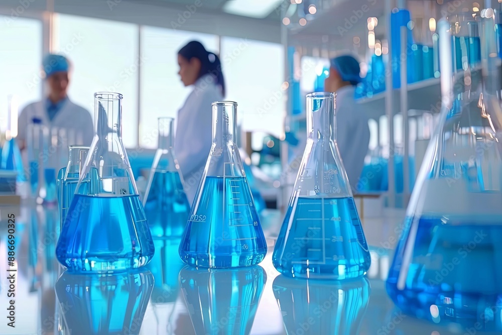 Blue Liquid in Glass Beakers in a Laboratory Blue Liquid in Glass Beakers in a Laboratory