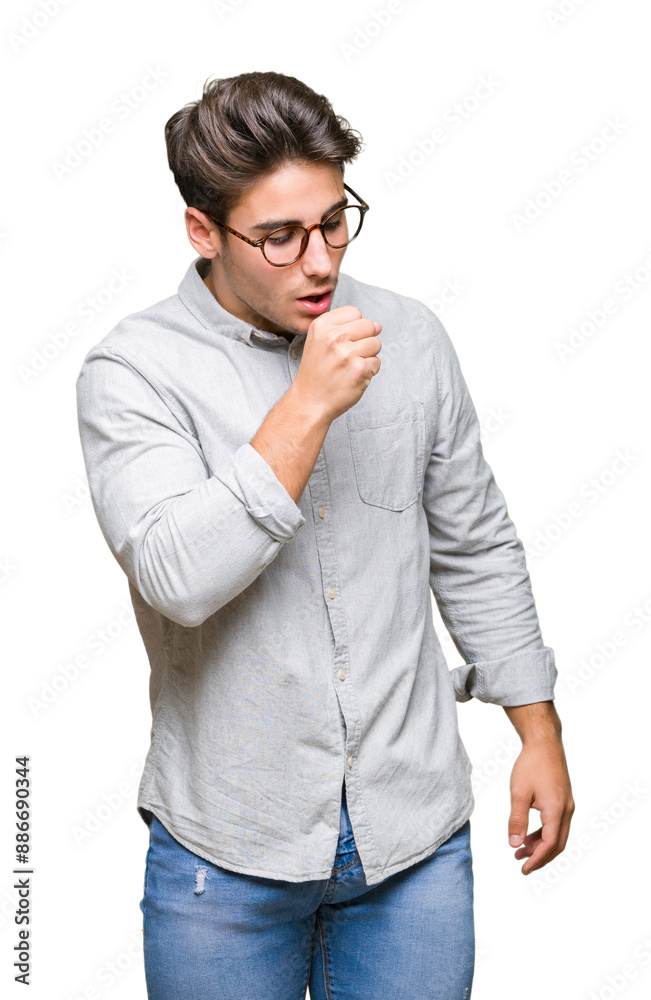Young handsome man wearing glasses over isolated background feeling unwell and coughing as symptom for cold or bronchitis. Healthcare concept. Young handsome man wearing glasses over isolated background feeling unwell and coughing as symptom for cold or bronchitis. Healthcare concept.