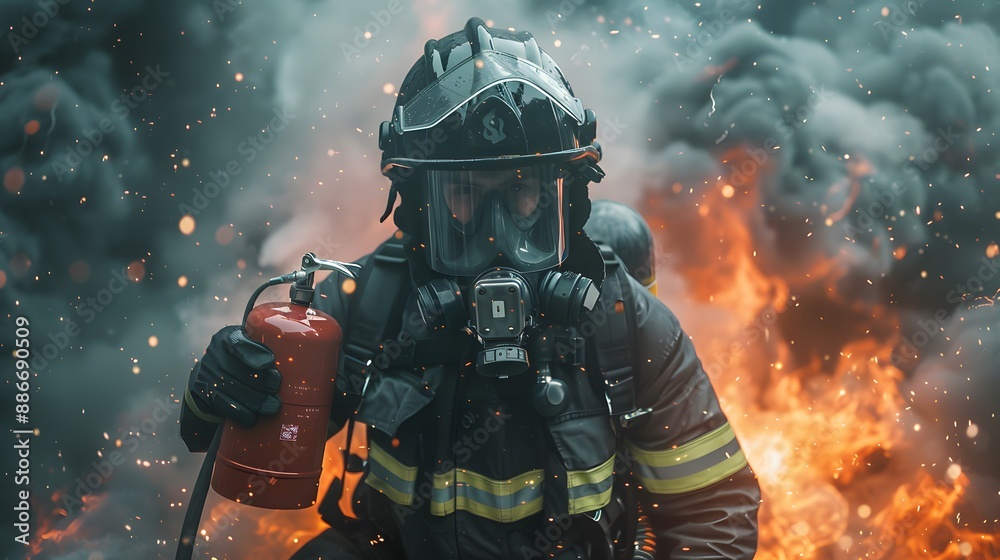 Close-up of a firefighter in full gear, holding a red fire extinguisher amidst billowing smoke Close-up of a firefighter in full gear, holding a red fire extinguisher amidst billowing smoke