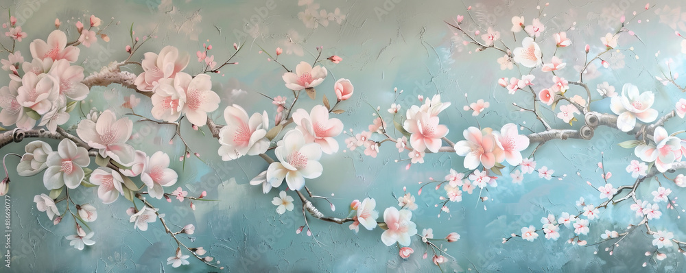 A mural on a stucco wall featuring an intricate pattern of spring blossoms. Cherry blossoms, tulips, and daffodils in pastel hues create a fresh and lively design. A mural on a stucco wall featuring an intricate pattern of spring blossoms. Cherry blossoms, tulips, and daffodils in pastel hues create a fresh and lively design.