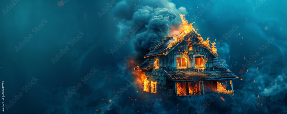 A burning house with roaring flames and dark smoke rising, isolated on a deep blue background. The A burning house with roaring flames and dark smoke rising, isolated on a deep blue background. The