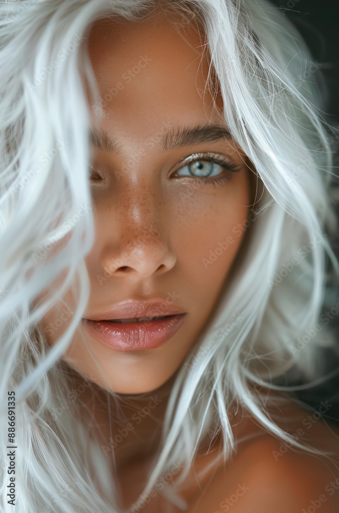 Closeup portrait of a young beautiful tanned woman with long platinum blond hair and green eyes. Closeup portrait of a young beautiful tanned woman with long platinum blond hair and green eyes.
