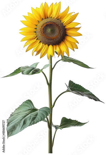 single sunflower with green leaves on a white background