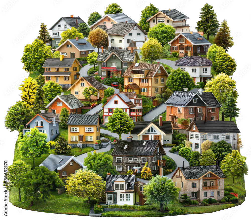 Naklejka premium small town with many houses on a hill